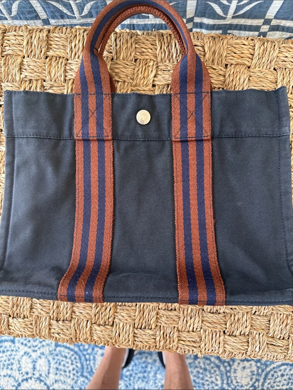 Hermes 2000s MM Fourre Tout Canvas Tote Bag with Striped Handles - Navy & Brown